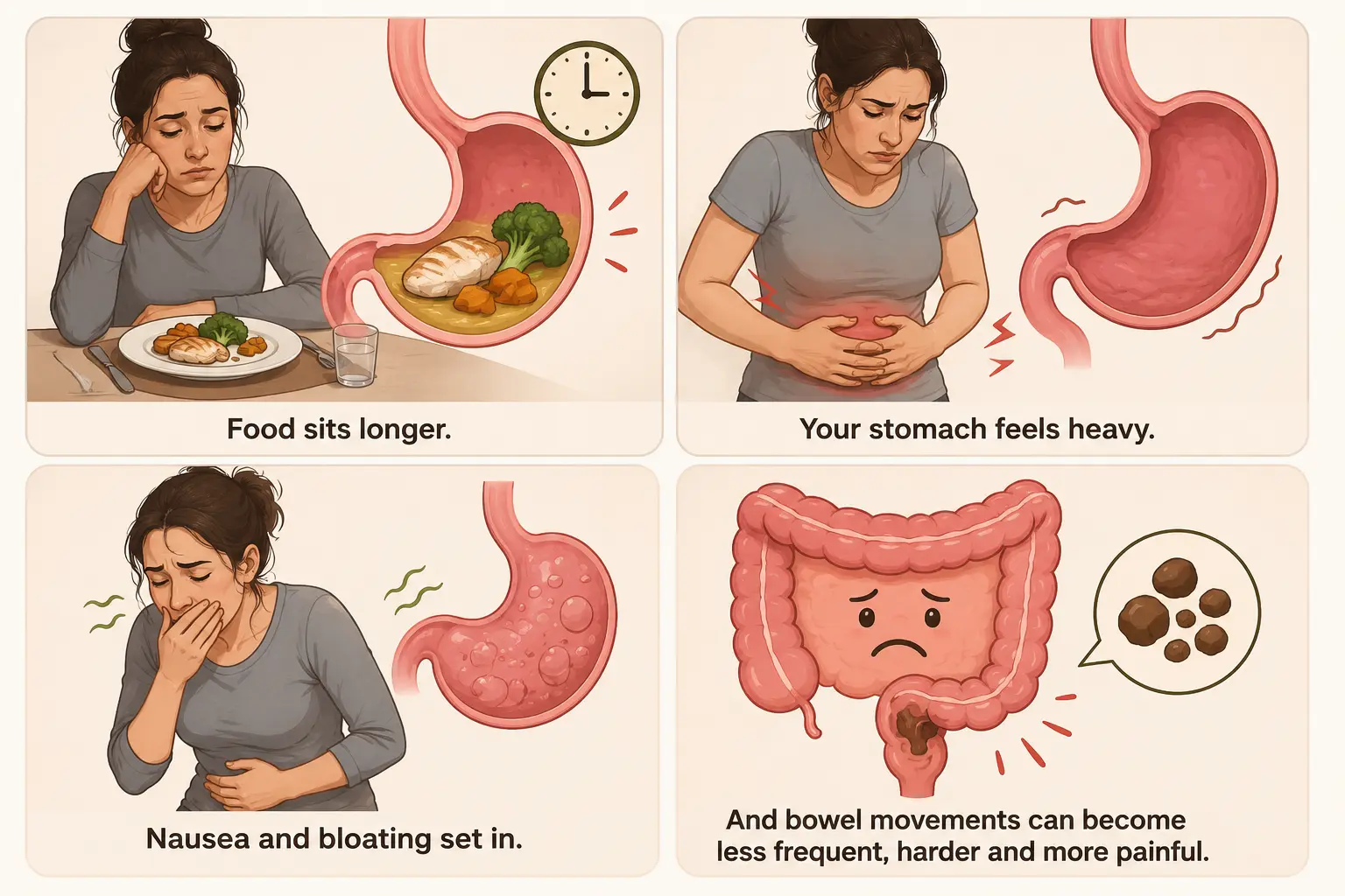How a GLP-1 slows digestion: food sits longer, nausea and bloating
