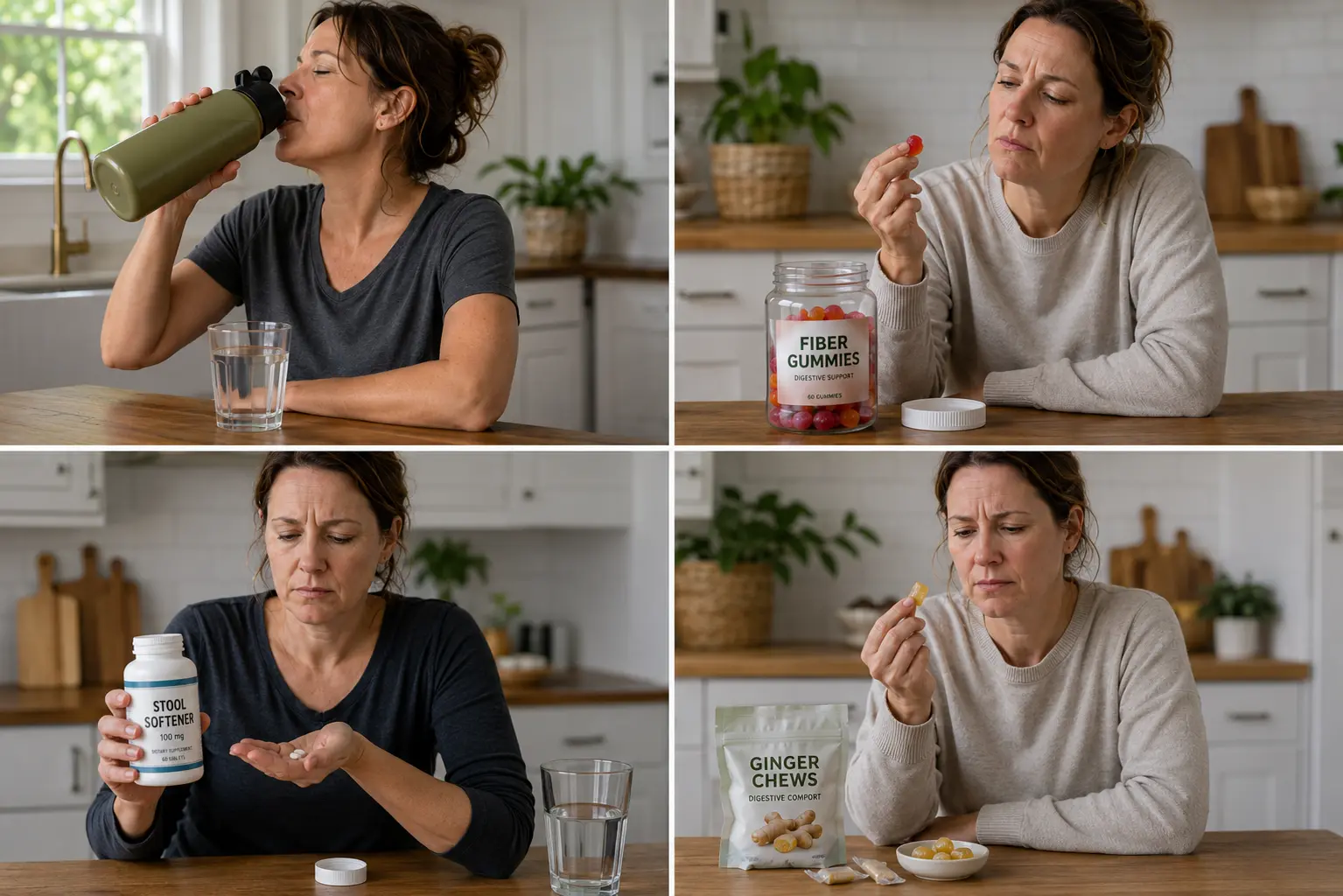 Common remedies women try: water, fiber gummies, stool softeners, ginger chews