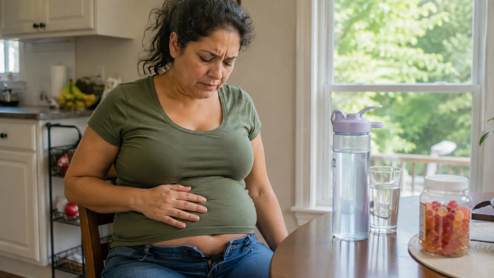 Woman holding her bloated stomach at the kitchen table