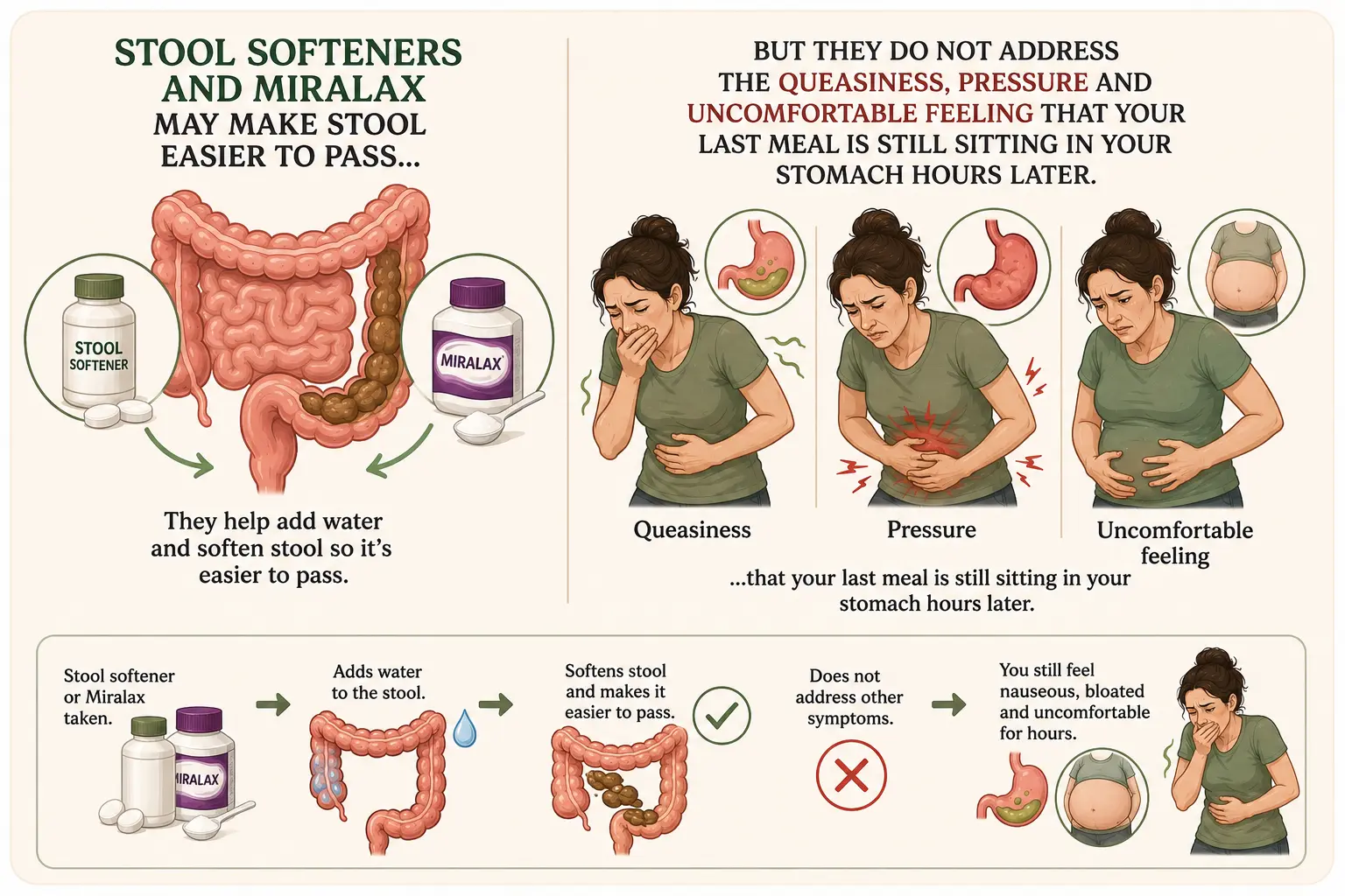 Why stool softeners and Miralax do not address nausea